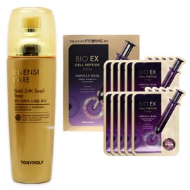 Tony Moly Intense Care Gold 24K Snail Toner + Bioex Cell Peptide Fill-up Ampoule Mask Set (10 pieces) / 토니모리 인텐스 케어 골드 24K 스네일 토너+바이오이엑스 셀 펩타이드 필업 앰플 마스크 세트(10매입)