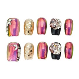 farfarflame Handmade Nail Tip, Short, False Nail Stand, 3D Diamond, Cat Eye Gel, Glossy, Stylish, Cute Design, Autumn, Winter, Party, Pack of 10 (Night Light, XS)