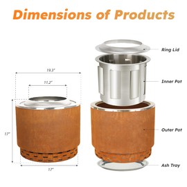 KOL 19.5" Dia Smokeless Fire Pit Outdoor, Corten Steel & Stainless Steel Pre-Rusted Finish Wood Burning Firepit with Removable Ash Pan, Backyard Patio Rotary Flame Stove for Garden, Camping & Bonfire