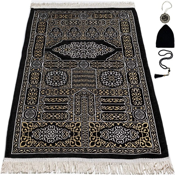 Modefa Turkish Prayer Mat | Luxury Woven Chenille | with Prayer Cap, Beads & Allah Muhammad Car Hanger | Full Kaba Door Swirl Intricate Design (Black)