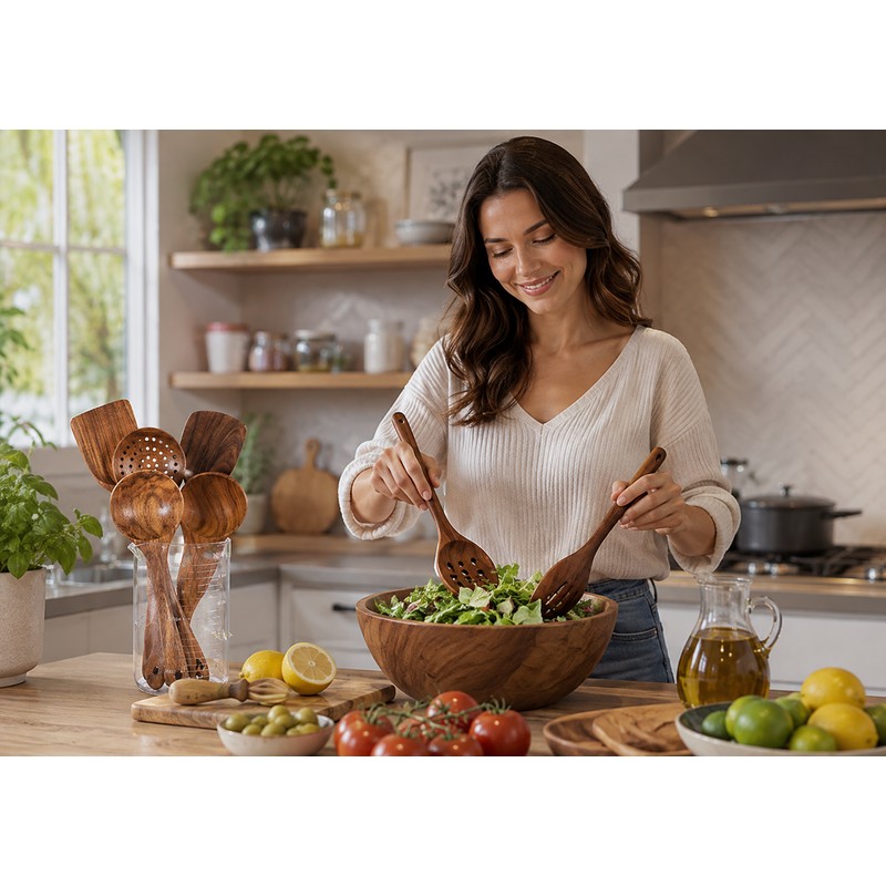 7-Piece Wooden Kitchen Utensil Set for Everyday Cooking - Non-Scratch