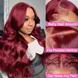 Dorashion 99j Burgundy Lace Front Wigs Human Hair 13x4 HD Transparent Body Wave Human Hair Lace Front Wigs 180 Density Pre Plucked Red Colored Glueless Hair Wig for Women with Baby Hair 24 Inch