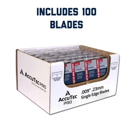 AccuTec Pro Single Edge Aluminum Backed Razor Utility Blades with Display - 100-Pack - .009" Made of High Carbon Steel for Edge Flexibility and Durability - APBL-7065
