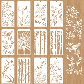 GOMAKERER Pack of 12 Templates for Decorative Painting in Traditional Chinese Style, 12 Styles Birds Bamboo Branches Stencils Reusable Texture Stencils for Painting on Furniture Scrapbook Decor