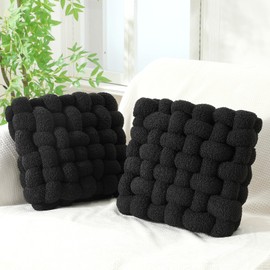 Wenqik 2 Pcs Knot Pillows Square Knotted Plush Throws Soft Accent Pillows Decoration Cushion for Couch Home Office Living Room Bedroom Bed Sofa Decor, 12'' x 13''(Black,Lambswool)