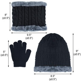 EAONE 3Pcs Winter Knitted Beanie Hat and Neck Scarf Set with Gloves, Thick Fleece Lining Cap Neck Warmer Gaiter for Boys Girls Age 5-12, Black
