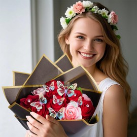 baotongle 20 Sheets Flower Wrapping Bouquet Paper Floral Wrapping Paper Sheets with 24PCS 3D Butterfly Decor 50 Pearl Pins 24 Yards Satin Ribbon for Wedding DIY Craft Mother's Day Birthday Party