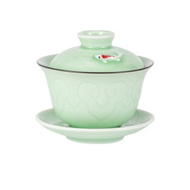 Urban Tokyo Gaiwan Teacup Kung Fu Tea Set Cup and Saucer With Lid 5 fl oz Traditional Porcelain Gongfu Tea Set (Celadon Green Koi Fish)