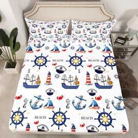 Nautical Ocean Adventure Kids Fitted Sheet Full Size,Sailing Boat Anchor Rudder Bedding Set,Boys Men Room Decor,Seahorse Crab Marine Life Bed Cover,Summer Beach Bed Sheet,2 Pillowcases(No Top Sheet)