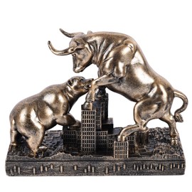 Vintage Bull and Bear Statue, Bull vs Bear Figurine, Stock Market Statue on City Skyline Base, Wall Street Decor Finance Office Decor, Desk Ornament, Investor Trader Gift for Home Office (Bronze)