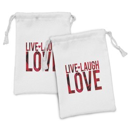 Ambesonne Live Laugh Love Fabric Pouch Set of 2, Typographic Montage Words Macro Rose Petals Texture Print, Small Drawstring Bag for Toiletries Masks and Favors, 9" x 6", Red White and Black