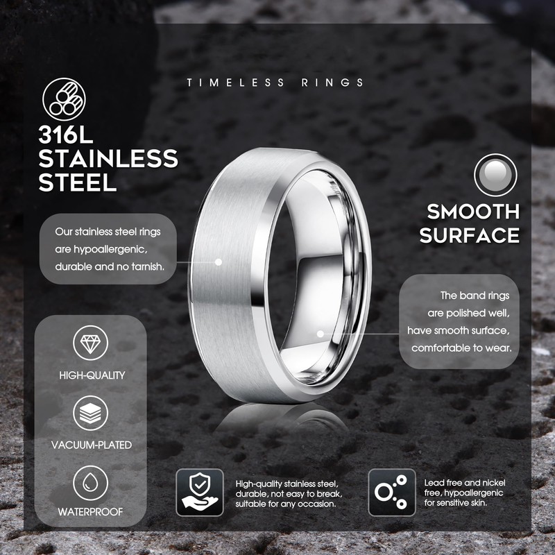 Kakonia 3Pcs Stainless Steel Rings for Men Women 8MM Wedding
