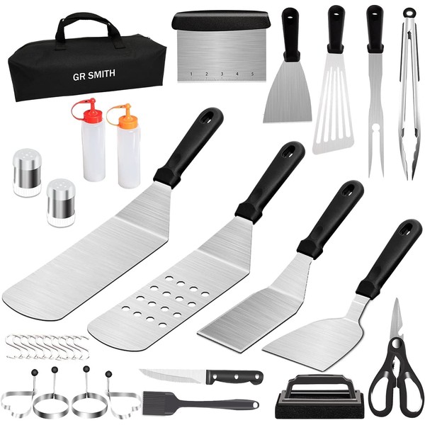 GR Smith - Grill Accessories Set for BBQ - Stainless Steel Grilling Utensils - Spatula Scraper Tongs Cooking Utensils Carrying Bag Kit - Kitchen & Outdoor Camping Griddle Tool - Easy Clean -32 Pcs