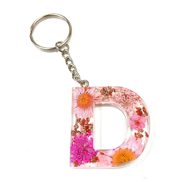 Handmade A-Z Letter Keyring with Pink Pressed Flowers and Rose