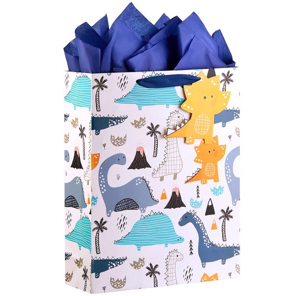SUNCOLOR 16" Extra Large Gift Bag with Tissue Paper for Boys (Dinosaurs)