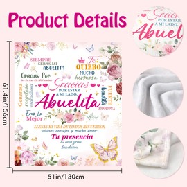 Abuela Gifts Manta in Spanish, Grandma Gifts from Grandkids, Gratitude Quotes Flowers Print Soft Cozy 50x60 Throw Blanket Regalos para Abuela, Home Decor for Bed Sofa