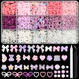 RODAKY Bow Nail Charms Mix Color Charms for Nails 3D Butterfly Heart Nail Art Charms Cute Resin Acrylic Charms Nail Pearl Beads Multi Style Nail Decoration Craft DIY Embellishment