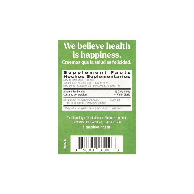 Bio Nutrition Mullein Leaf Tea, Caffeine Free, 30 Tea Bags,