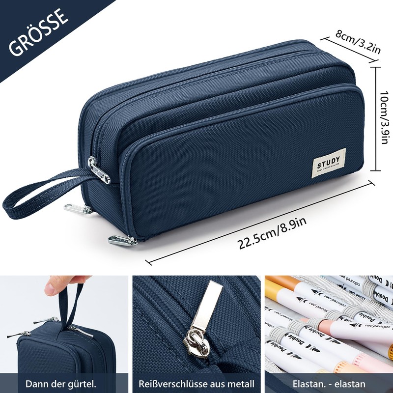 KALIDI Pencil Case with 3 Compartments Large Capacity Pencil Case