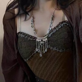 Boho Dangling Coin Pendant Bib Statement Necklace for Women Vintage Silver Ethnic Gypsy Style Exaggerated Collar Long Tassel Chain Bohemian Festival Clavicle Tribal Jewelry Gift Costume Accessories
