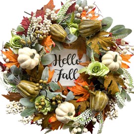 Bibelot Hello Fall Wreath 20’’ Autumn Front Door Wreath, Harvest Wreath with Various Pumpkin Cluster of Berries Maple Leaves Pine Cones for Outside Indoor Wall Thanksgiving Fall Autumn Decor