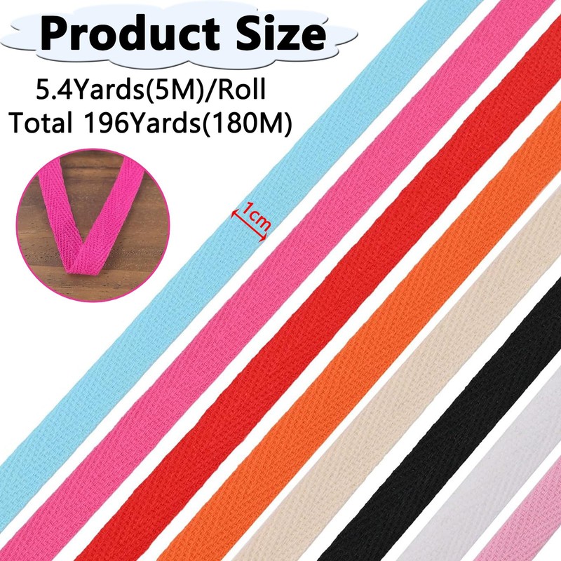 Wonninek 1cm Cotton Twill Herringbone Webbing, 36Colors