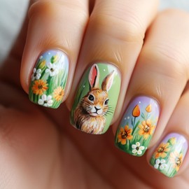 Short Press on Nails Square Fake Nails with Spring Daisy Designs Easter Rabbit Nails Press ons Reusable Acrylic False Nails Easter Glue on Nails Spring Stick on Nails for Women Girls