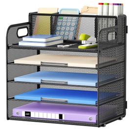 Marbrasse 5 Tier Paper Organizer with 3 Pen Holders, Mesh Desk File Organizer with Handle, Paper Sorter Desk Organizer for Home Office Supplies(Black)