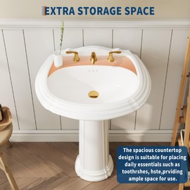 GarveeTech 20 x 26 Inch Bathroom Pedestal Sink, Classic Freestanding Ceramic Sink with Overflow Hole, Vintage White Bathroom Sink with 3 Pre-Drilled Holes for 8 Inch Faucets