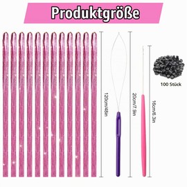 Hexizexi 2640 Hair Tinsel 120 cm Pink Glitter Hair Strands with Tool Hair Tinsel for Girls Women Party Role Play Holiday