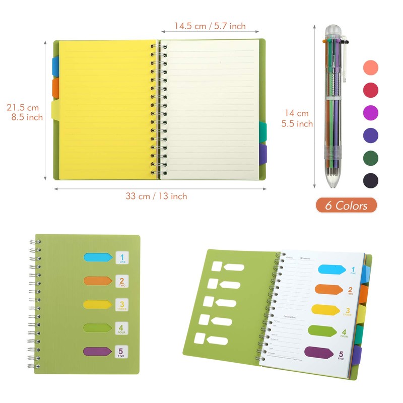 Kesote A5 Cuaderno con Pestañas Divisorias y Bolígrafo de 6