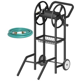 Artigarden Hose Reel Cart with 2 Wheels, Garden Water Hose Holder Heavy Duty Powder Coated Steel Outdoor Winder Storage Holds 125 ft 5/8" Hoses with Basket and 3.9ft Leader Hose for Backyard, Black