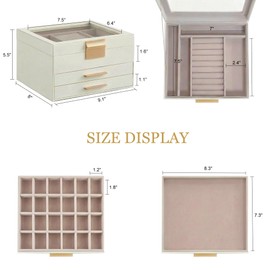 EONGOA Jewelry Box Organizer with Glass Lid 3 Layer Jewelry Storage Display Box with 2 Drawers Modern Style 8 x 9.1 x 5.3 Inches, Beige White and Gold