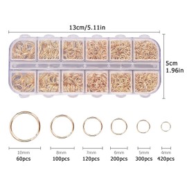 1200pcs Metal Open Jump Rings, 4-10mm Mixed Size Gold Plated Round Ring Connectors for DIY Jewelry Making Supplies Findings and Necklace Repair
