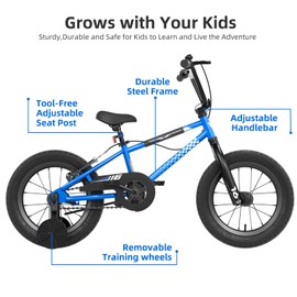 XJD 12 14 16 Inch Kids Bike BMX Style Bicycle with Training Wheels Coaster Brake for 1-10 Years Old Toddlers Boys Girls Multiple Colors (Blue, 16 Inch)