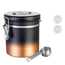 BERTILLE Stainless Steel Coffee Canister,16 oz Kitchen Food Storage Container with Date-Tracker, CO2-Release Valve and Measuring Scoop for Grounds Coffee, Beans, Tea, Cereal, Sugar（Medium,Golden）