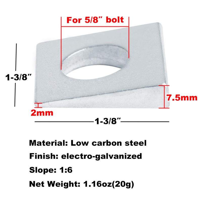 GBGS 12 Pcs 5/8" Bolt Square Beveled Structural Washers,1-3/8" x