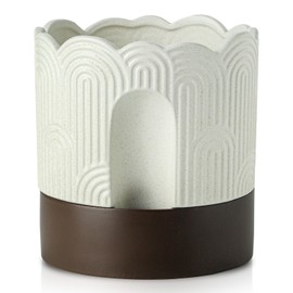 Nihow Self Watering Plant Pot: 8 Inch Ceramic Planter with Drainage Hole & Water Storage Plus - Relief Design Self Watering Pot for Indoor Plants - Beige & Brown Flower Pot