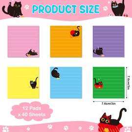 JIANTA 12 Pads Black Cat Sticky Notes, 3 x 3 Inch Lined to Do List Notepads, 6 Colors Cute Self-Stick Memo Pads for Cat Lovers, Office, School Supplies