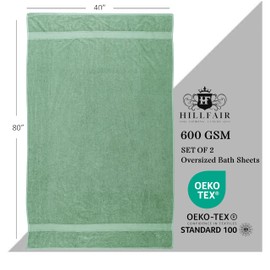 HILLFAIR 600 GSM- 40 x 80 Inches- 100% Cotton 2 Pc XXL Oversized Bath Towel Set- Soft Highly Absorbent Jumbo Bath Sheets Towels Sets- Quick Dry Oversized Sheets Towel Sets for Hotel Spa Pool- Sage