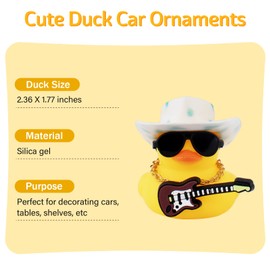 wonuu Rubber Duck Car Ornaments Guitar Duck Cool Car Accessories Car Dashboard Decorations with Cowboy Hat Necklace and Sunglasses, White&Blue