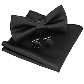 JEMYGINS Men's Plain Bow Tie and Pocket Square with Cufflinks, Black