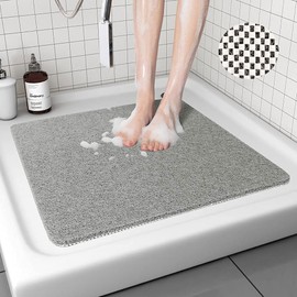 Lurowo Loofah Shower Mat, Non Slip Square Shower Mats for inside Shower Anti Mould, Washable PVC Bathroom Floor Mats Rugs (53x53cm, Grey)