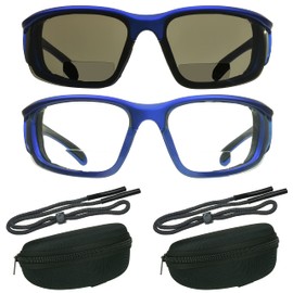Bikershades Motorcycle Riding Safety Bifocal Glasses Reader Foam Padded Men Women Z87 Wind-Proof 2.50 Smoke & Clear Lens Blue Frame Zipper Hard Case and Eye-Wear Retainer