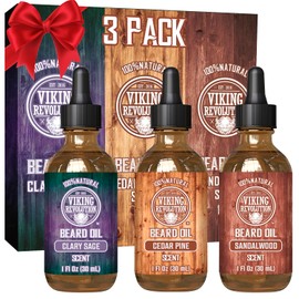 Viking Revolution Beard Oil for Men 3 Pack - Natural Mens Beard Oil Variety Set - Sandalwood, Pine and Cedar, Clary Sage Scents - Beard Conditioning and Moisturizing for a Healthy Beard (3 Pack, 1oz)