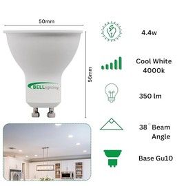 Bell Bell Lighting GU10 LED Bulbs C 350 lm Cool White 4000K C 4.4 Watts Beam Angle 38 Spotlight Bulb C 220-240 Volts Non-Dimmable Energy Saving LED Bulb C Pack of 5