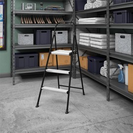COSCO Lightweight Three-Step Folding Step Stool for Home Use - Large Platform, One-Hand Release, Non-Marring Leg Tips, Aluminum and Steel Frame