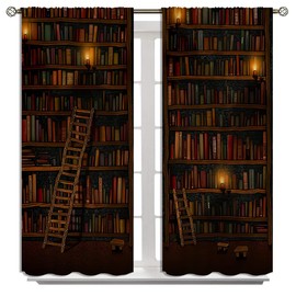 PYMATYTN Bookshelf with Books Blackout Curtains, Boy Girls Bedroom Living Room Darkening Decor Vintage Library Art Painting Rod Pocket Thermal Insulated Window Curtain/Drapes, 42x63 Inch