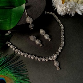 I Jewels Indian Wedding Bollywood Ethnic Silver Oxidized Floral Design Ghungroo Long Necklace Jewellery With Jhumka Earrings Set For Women (MC171OX)