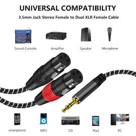 Dual XLR Female to 3.5 mm TRS Stereo Microphone Cable, 2 XLR Female to 1/8 inch TRS Stereo Y Splitter Patch Cable, Nylon Braided, for Mix Speaker and Amplifer 3.3 Feet